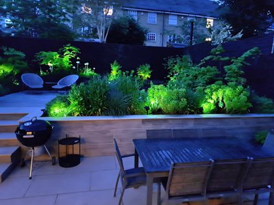 plants accentuated with garden lights in a raised bed